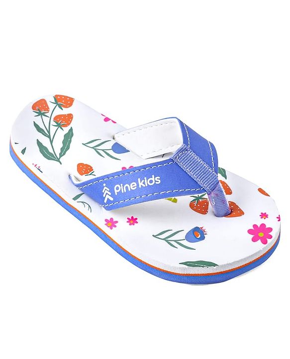 Pine Kids Slip On Flip Flops with Floral Print - White & Blue