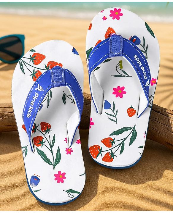 Pine Kids Slip On Flip Flops with Floral Print - White & Blue