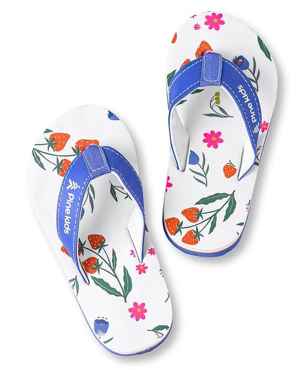 Pine Kids Slip On Flip Flops with Floral Print - White & Blue