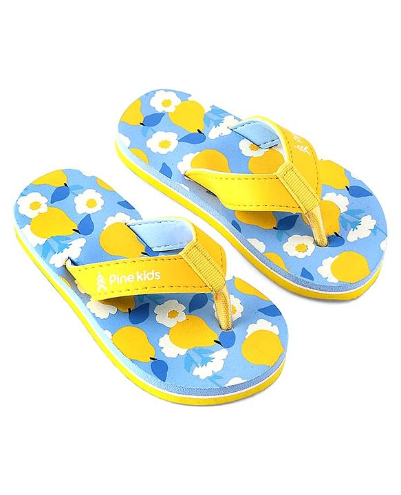 Pine Kids Slip On Flip Flops With Fruit & Floral Print - Yellow & Blue