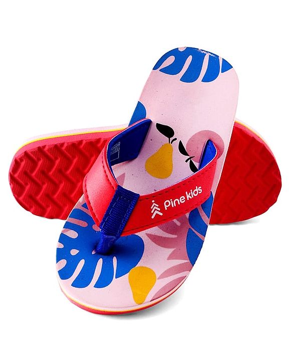 Pine Kids Slip On Flip Flops With Leaf Print - Pink & Blue