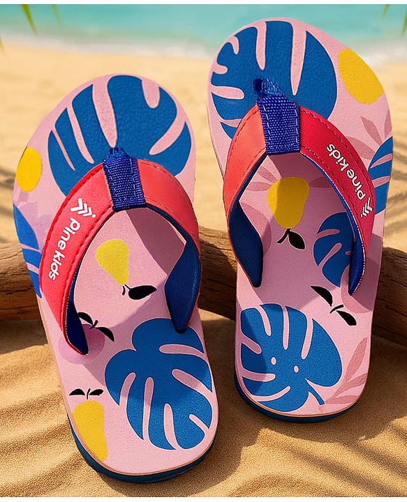 Pine Kids Slip On Flip Flops With Leaf Print - Pink & Blue