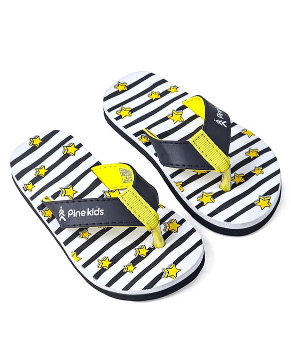 Pine Kids Slip On Flip Flops With Stripes & Star Print - Black & White