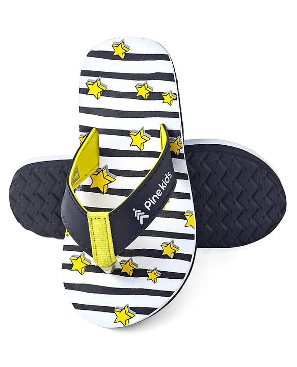 Pine Kids Slip On Flip Flops With Stripes & Star Print - Black & White