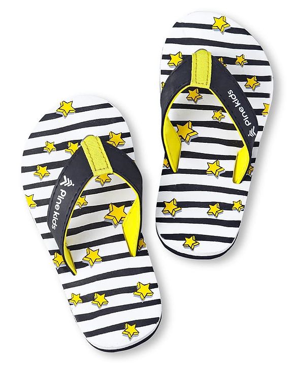 Pine Kids Slip On Flip Flops With Stripes & Star Print - Black & White