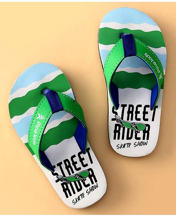 Pine Kids Slip On Flip Flops With Skateboarding Print - Green