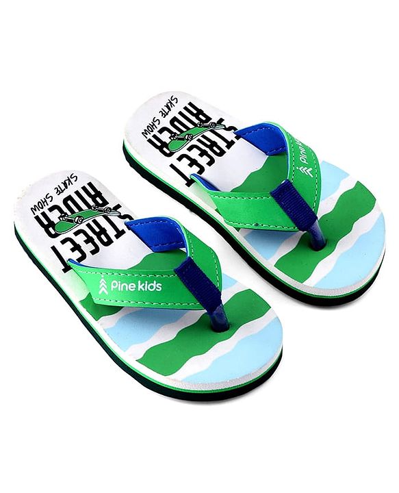 Pine Kids Slip On Flip Flops With Skateboarding Print - Green