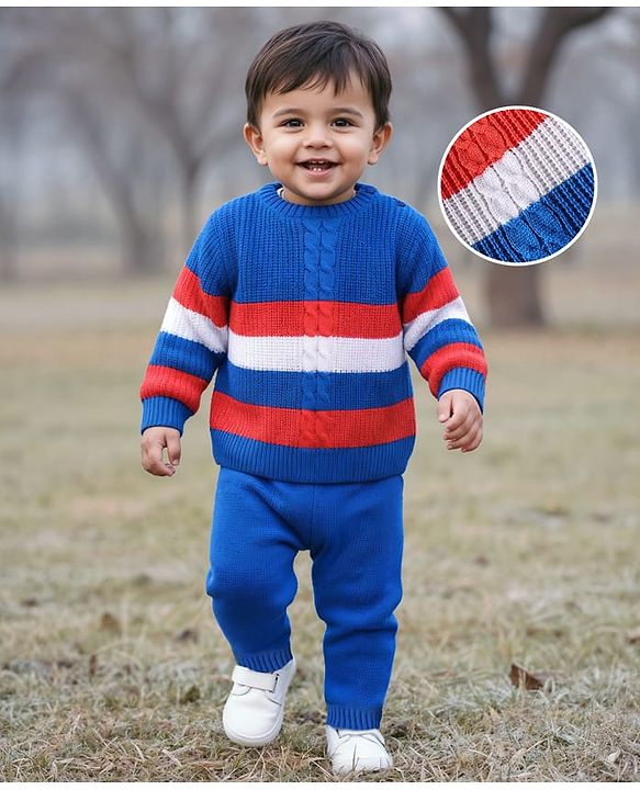 Babyhug Knitted Full Sleeves Sweater Set With Color Block & Cable Knit Design - Royal Blue