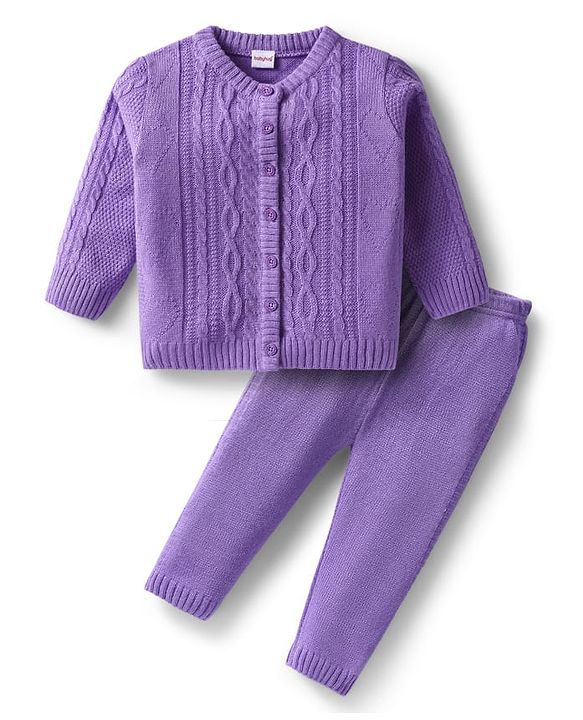 Babyhug Knit Full Sleeves Front Open Sweater Set With Cable Knit Design - Lavender