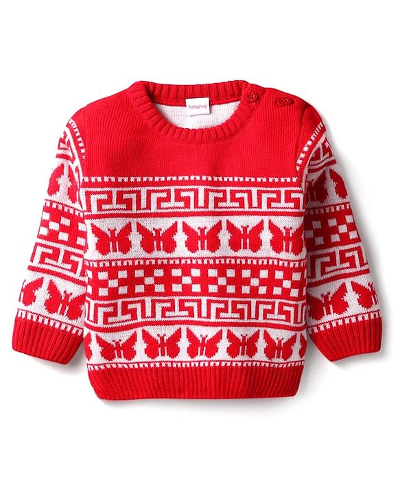 Babyhug Knit Full Sleeves Sweater Set With Butterfly Design - Red & White