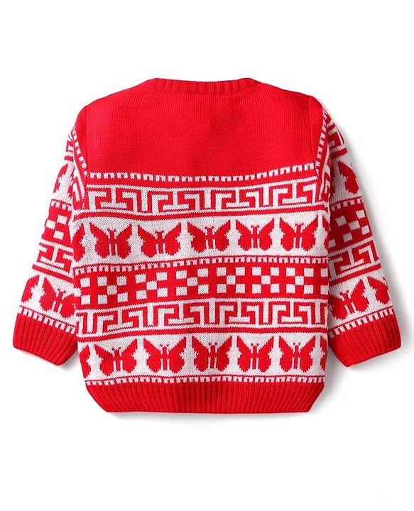 Babyhug Knit Full Sleeves Sweater Set With Butterfly Design - Red & White