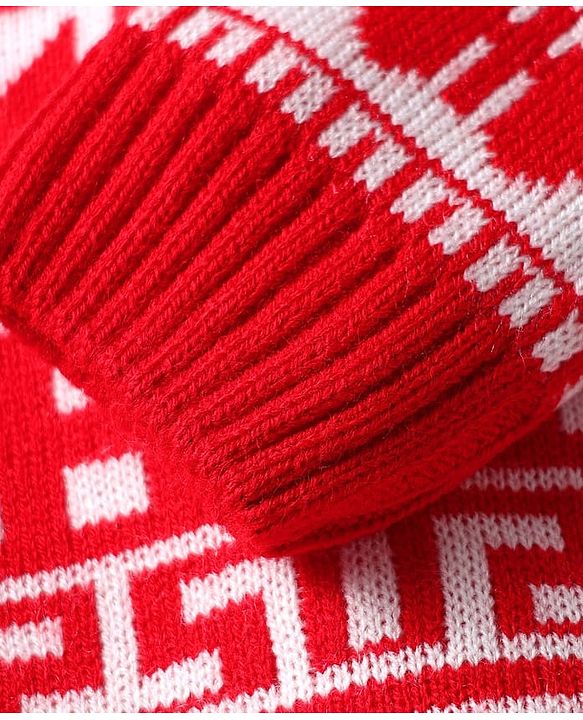 Babyhug Knit Full Sleeves Sweater Set With Butterfly Design - Red & White