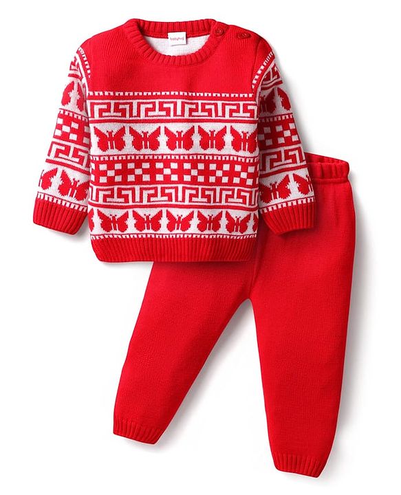 Babyhug Knit Full Sleeves Sweater Set With Butterfly Design - Red & White