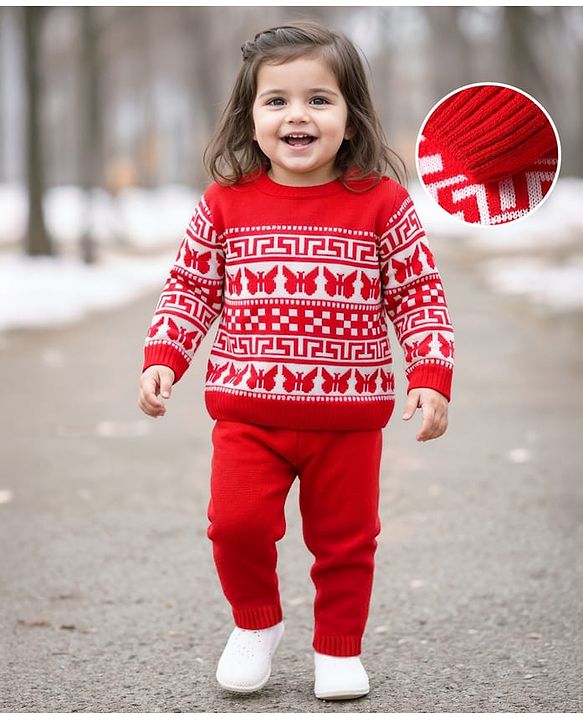 Babyhug Knit Full Sleeves Sweater Set With Butterfly Design - Red & White