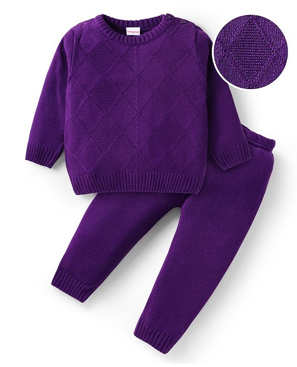 Babyhug Knitted Full Sleeves Sweater Set With Argyle Design - Purple