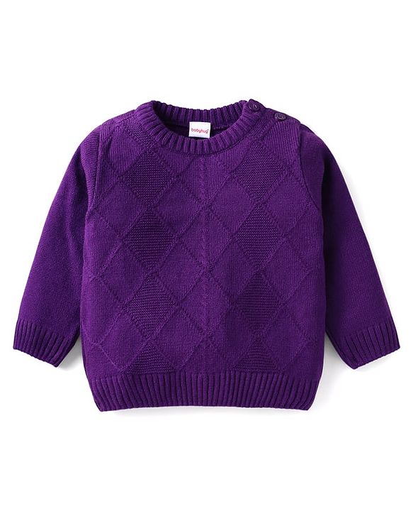 Babyhug Knitted Full Sleeves Sweater Set With Argyle Design - Purple