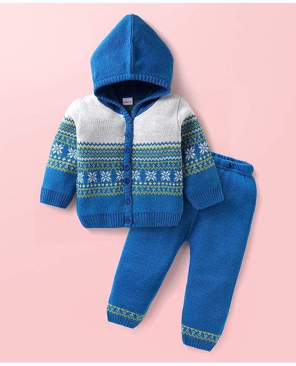 Babyhug Full Sleeves Hooded Front Open Sweater Set With Floral & Stripe Design - White & Blue
