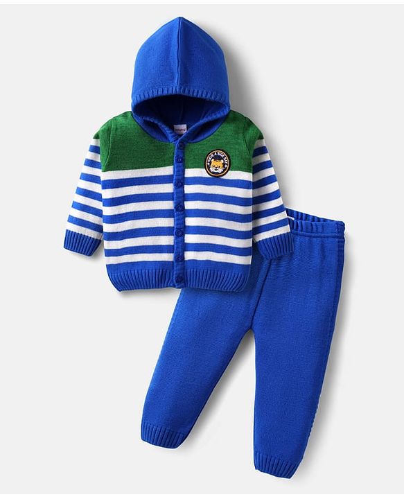 Babyhug Knitted Full Sleeves Hooded Front Open Sweater Set with Stripe Design - Blue & Green