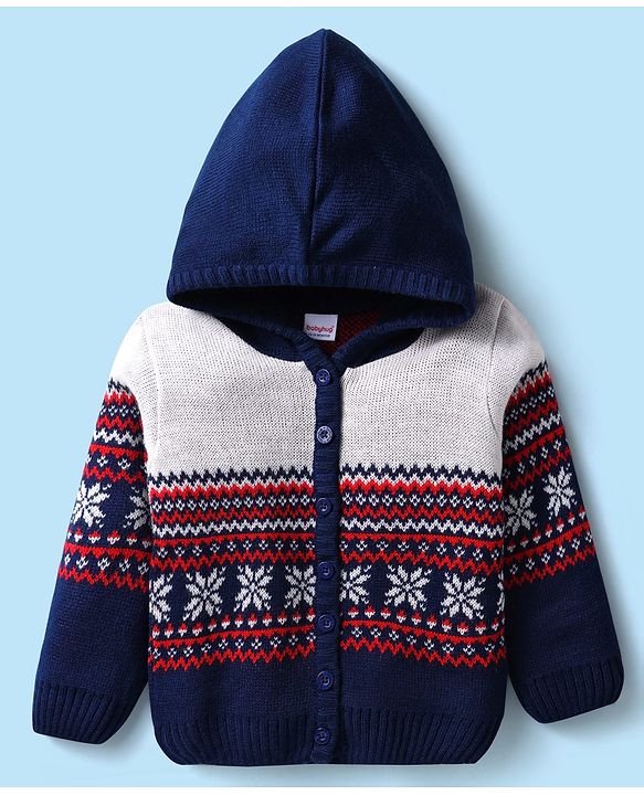 Babyhug Full Sleeves Hooded Front Open Sweater Set With Floral & Stripe Design - White & Navy Blue