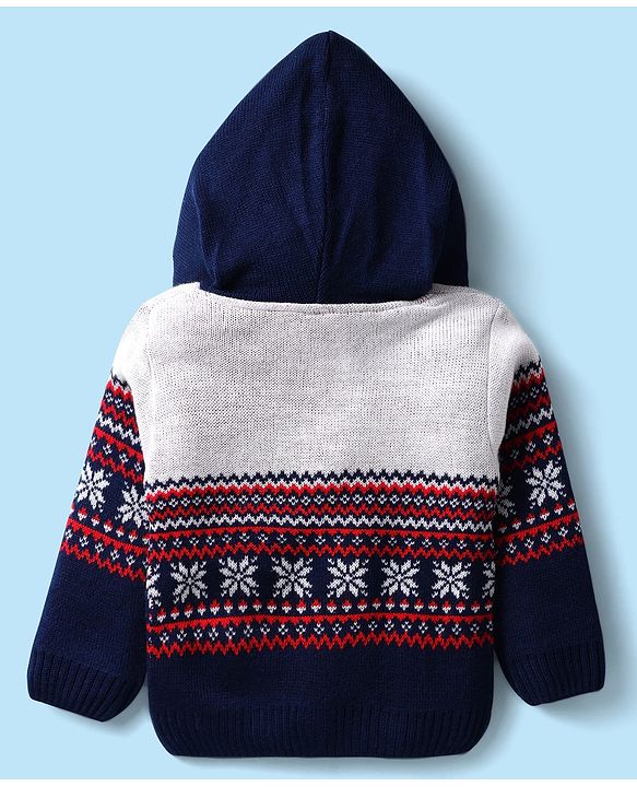 Babyhug Full Sleeves Hooded Front Open Sweater Set With Floral & Stripe Design - White & Navy Blue