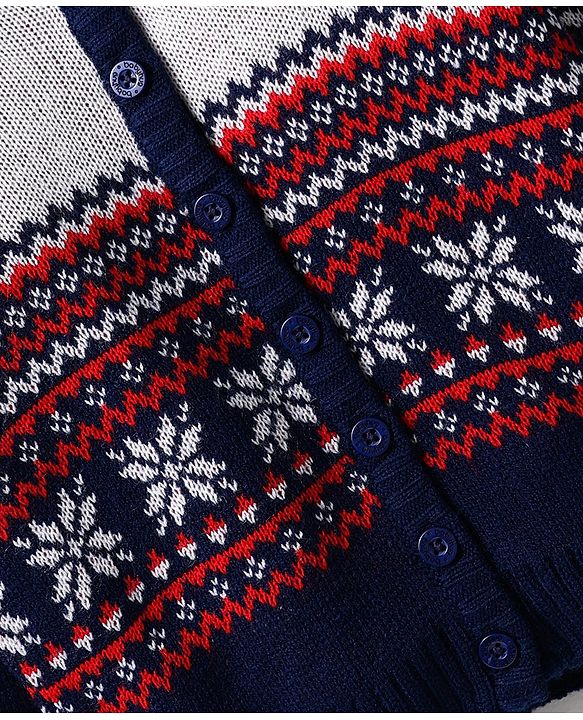 Babyhug Full Sleeves Hooded Front Open Sweater Set With Floral & Stripe Design - White & Navy Blue