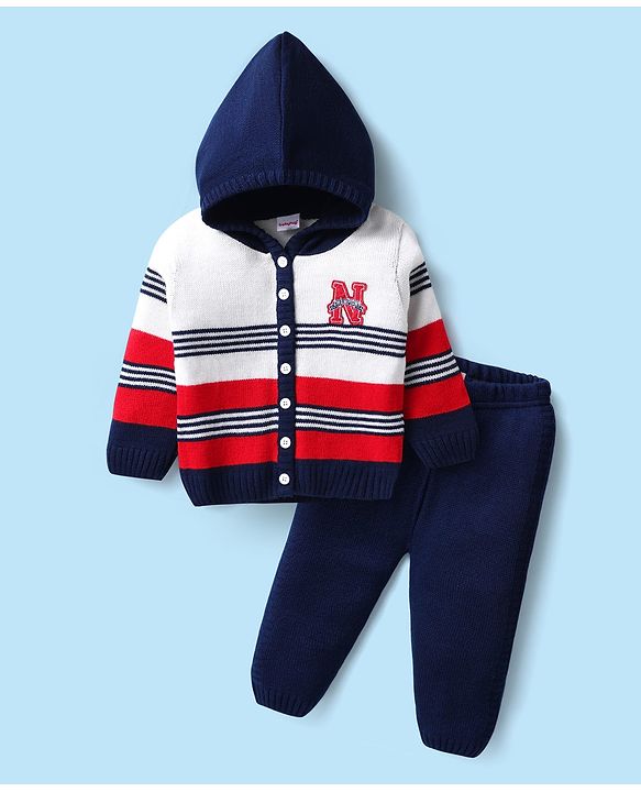 Babyhug Full Sleeves Hooded Front Open Sweater Set With Sports Stripe Design - White & Navy Blue