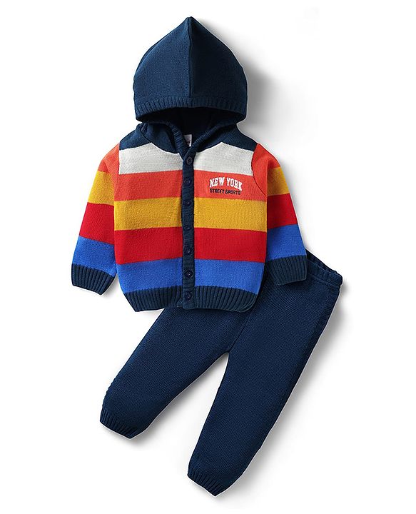 Babyhug Knit Full Sleeves Front Open Hooded Sweater Set With Stripes - Multicolour