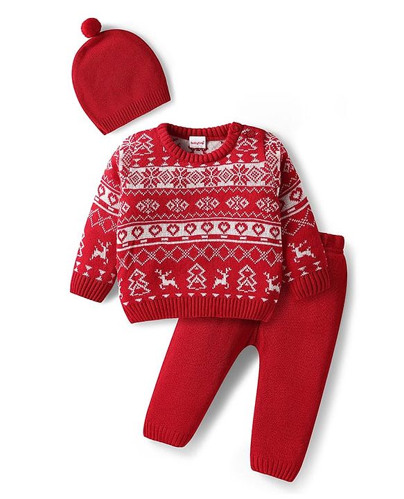 Babyhug Knitted Full Sleeves Pullover Sweater Set With Heart Design & Cap - Red