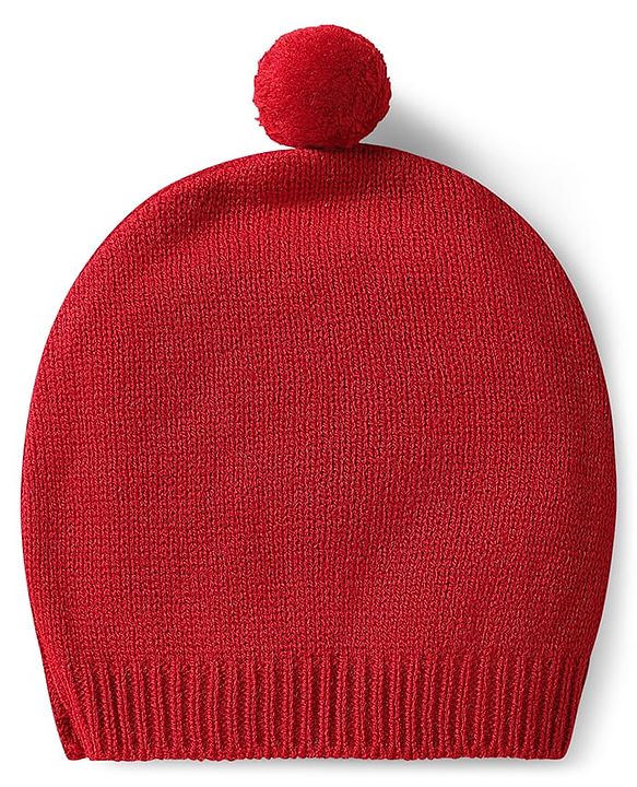 Babyhug Knitted Full Sleeves Pullover Sweater Set With Heart Design & Cap - Red
