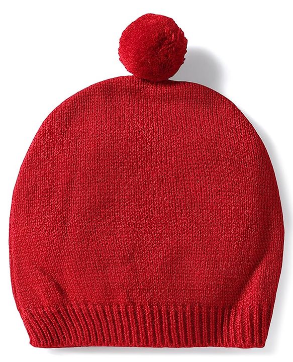 Babyhug Knitted Full Sleeves Pullover Sweater Set With Heart Design & Cap - Red