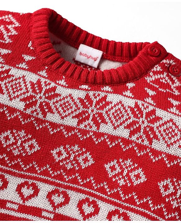 Babyhug Knitted Full Sleeves Pullover Sweater Set With Heart Design & Cap - Red