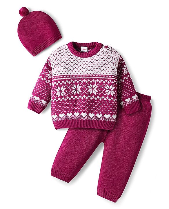 Babyhug Knitted Full Sleeves Pullover Sweater Set With Heart Design & Cap - Wine