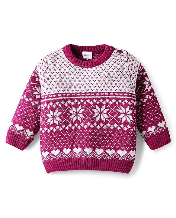 Babyhug Knitted Full Sleeves Pullover Sweater Set With Heart Design & Cap - Wine