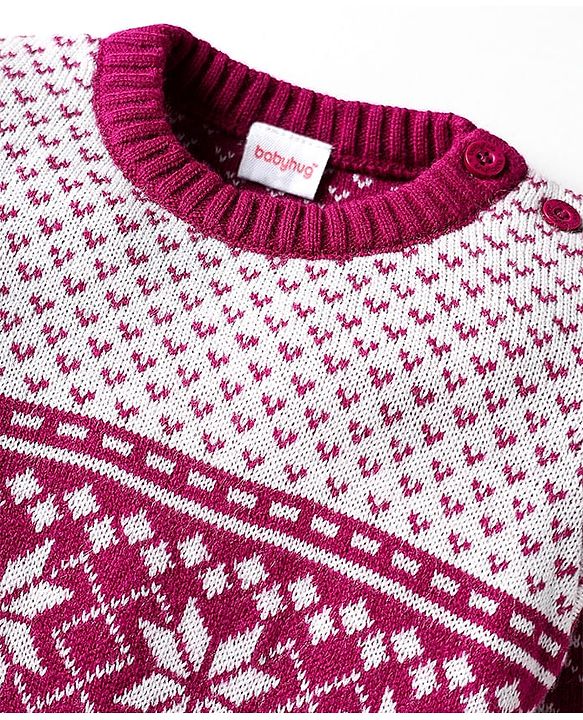 Babyhug Knitted Full Sleeves Pullover Sweater Set With Heart Design & Cap - Wine