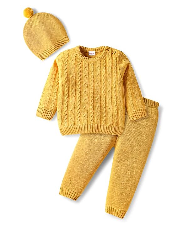 Babyhug Knitted Full Sleeves Pullover Sweater Set With Cable Knit Design & Cap - Mustard