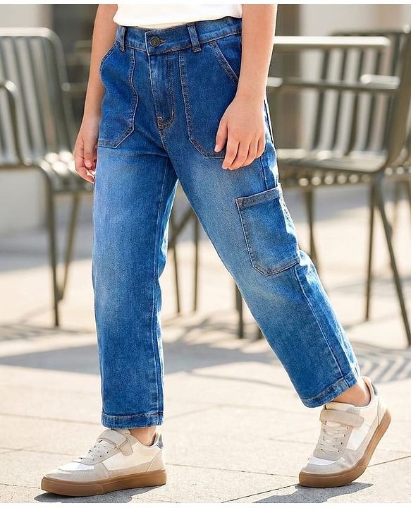 Pine Kids Denim Woven Full Length Washed Jeans with Pockets - Navy Blue