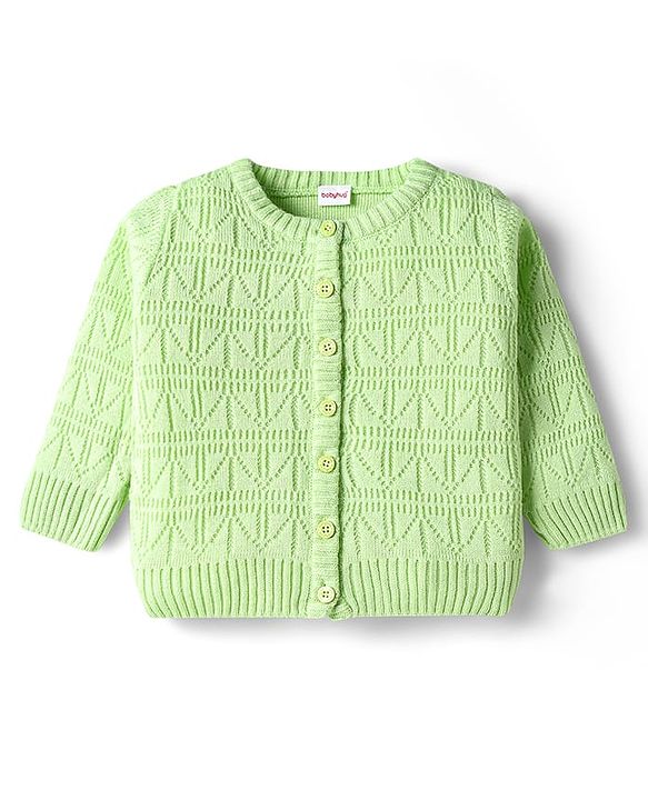 Babyhug Knitted Full Sleeves Solid Front Open Sweater Set With Cap - Lime Green