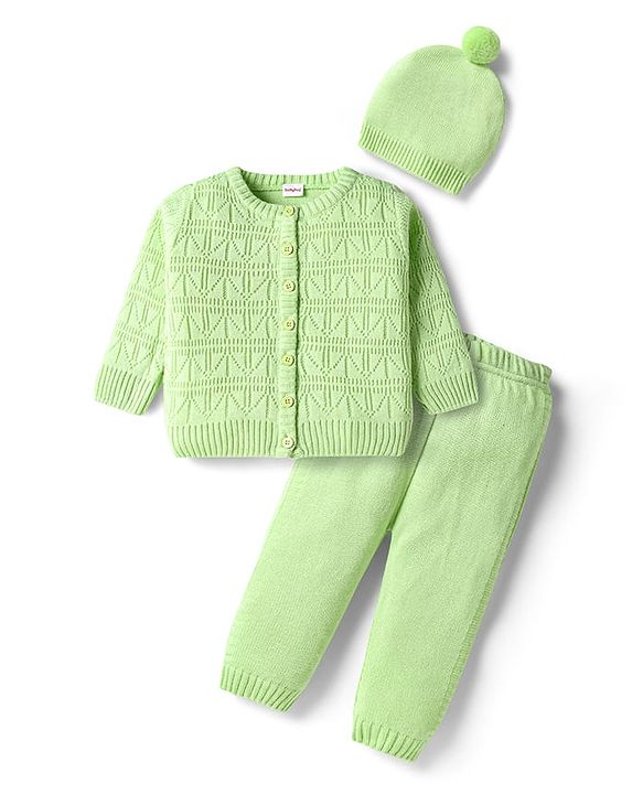 Babyhug Knitted Full Sleeves Solid Front Open Sweater Set With Cap - Lime Green
