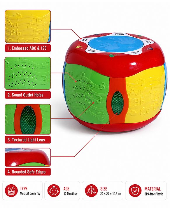 Babyhug Interactive Musical Drum Toy with Lights & Sounds  Fun & Educational| Sensory Play for Babies & Toddlers| Multi-mode Play| Visual & Auditory Skills| BIS Certified| Gifting for Boys & Girls