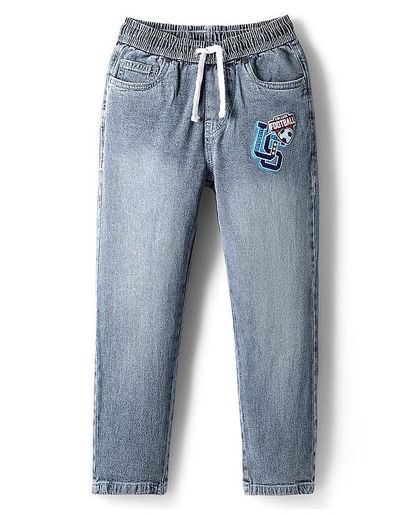 Pine Kids Denim Woven Full Length Washed Jeans with Football Text Print - Light Blue