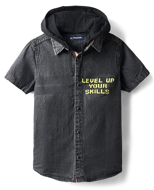 Pine Kids Cotton Woven Front Open Half Sleeves Hooded Shirt With Text Print - Black