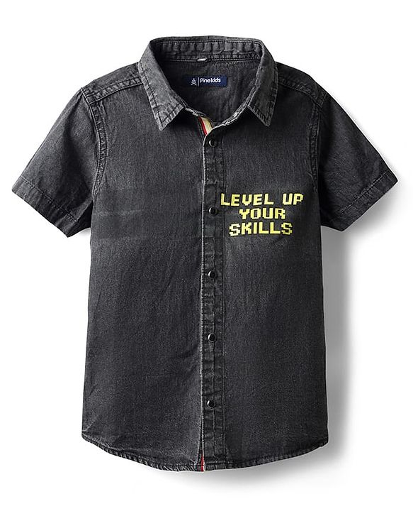 Pine Kids Cotton Woven Front Open Half Sleeves Hooded Shirt With Text Print - Black