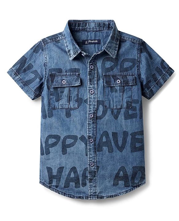 Pine Kids Woven Half Sleeves Washed Denim Shirt With Text Print - Blue