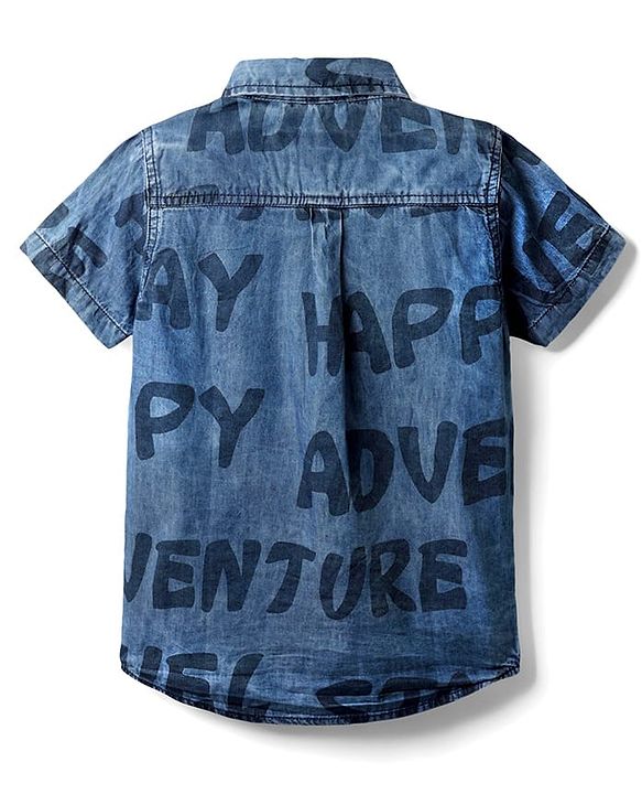 Pine Kids Woven Half Sleeves Washed Denim Shirt With Text Print - Blue