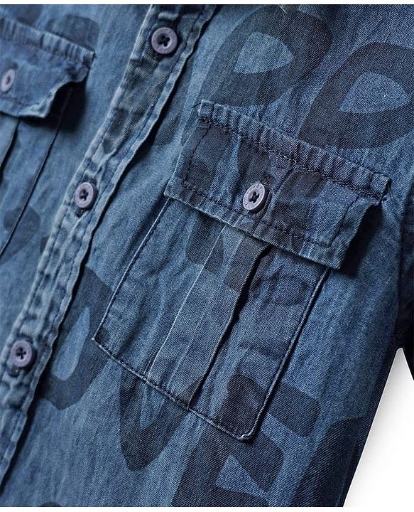 Pine Kids Woven Half Sleeves Washed Denim Shirt With Text Print - Blue