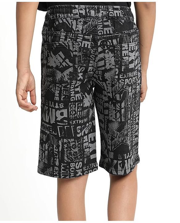 Pine Kids Woven Mid Calf Printed Washed Denim Jeans - Black