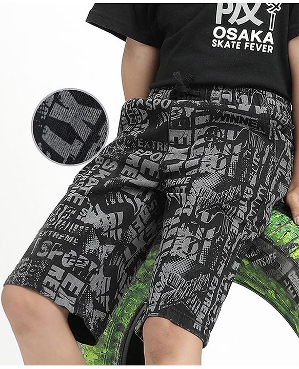 Pine Kids Woven Mid Calf Printed Washed Denim Jeans - Black