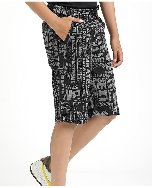 Pine Kids Woven Mid Calf Printed Washed Denim Jeans - Black