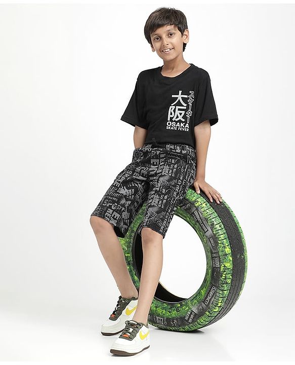 Pine Kids Woven Mid Calf Printed Washed Denim Jeans - Black