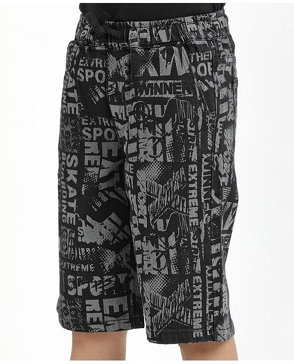 Pine Kids Woven Mid Calf Printed Washed Denim Jeans - Black